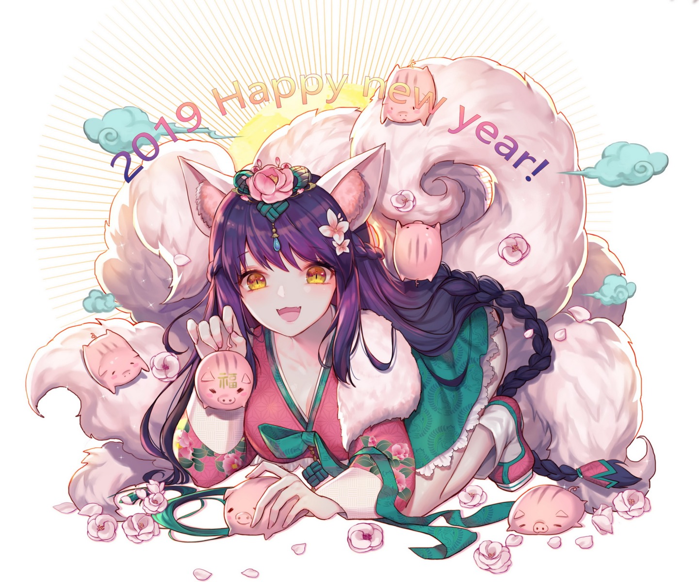 ahri animal_ears cleavage hayanpool japanese_clothes league_of_legends tail