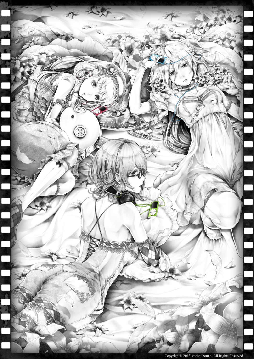 bouno_satoshi dress gumi headphones ia_(vocaloid) mayu_(vocaloid) megane monochrome vocaloid