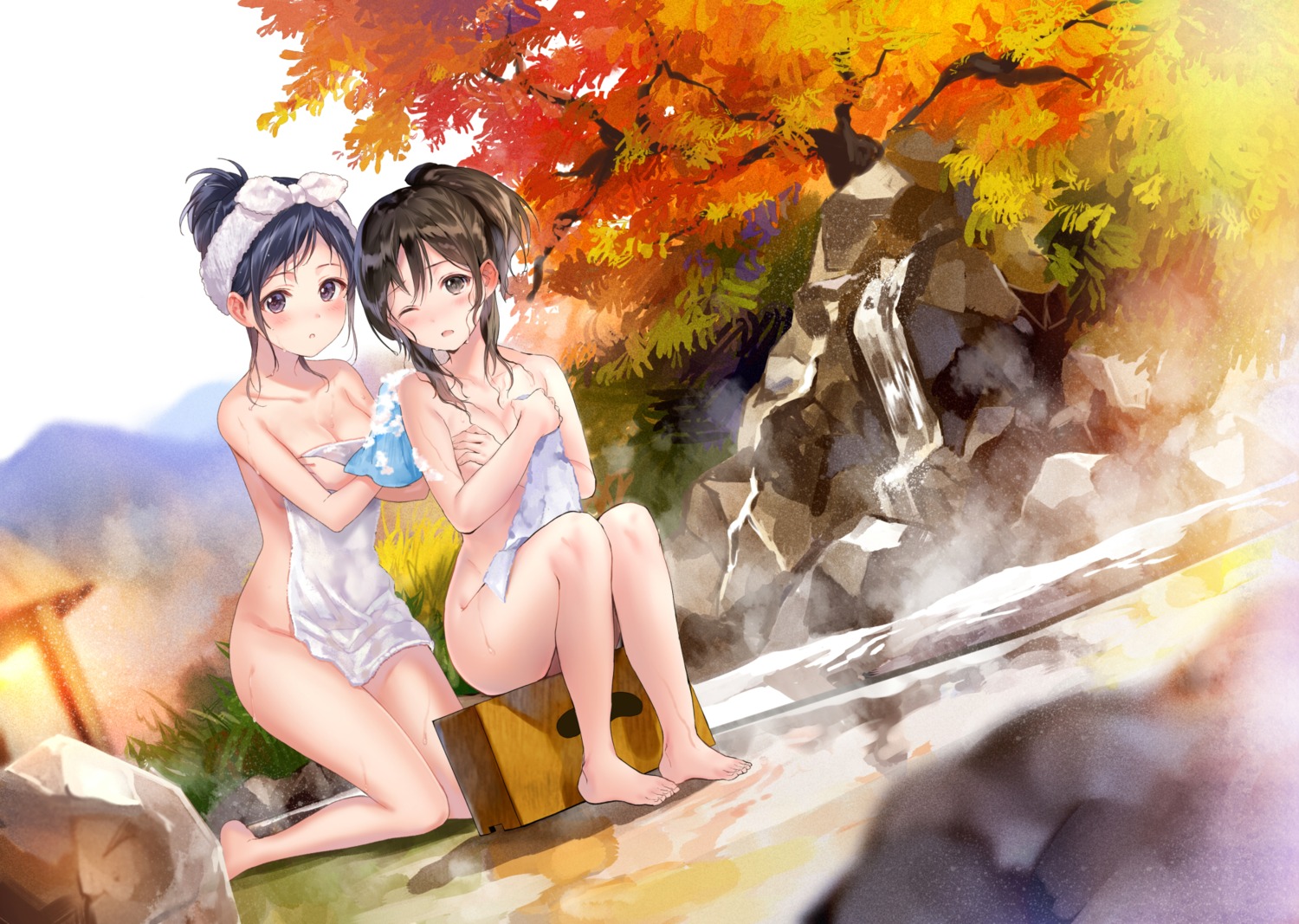 breast_hold cleavage fukahire_sanba hanekoto naked onsen towel