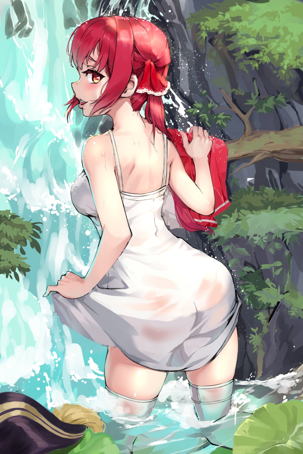 ass dress hololive houshou_marine no_bra nopan rnjs4967 see_through skirt_lift summer_dress thighhighs wet wet_clothes