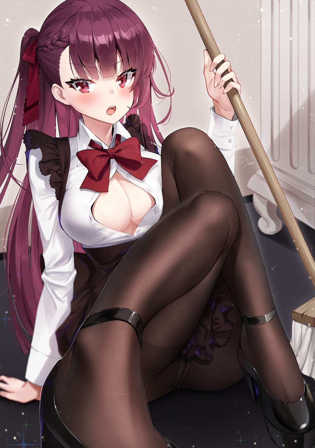 ankkoyom girls_frontline heels maid no_bra open_shirt pantsu pantyhose skirt_lift wa2000_(girls_frontline) wardrobe_malfunction