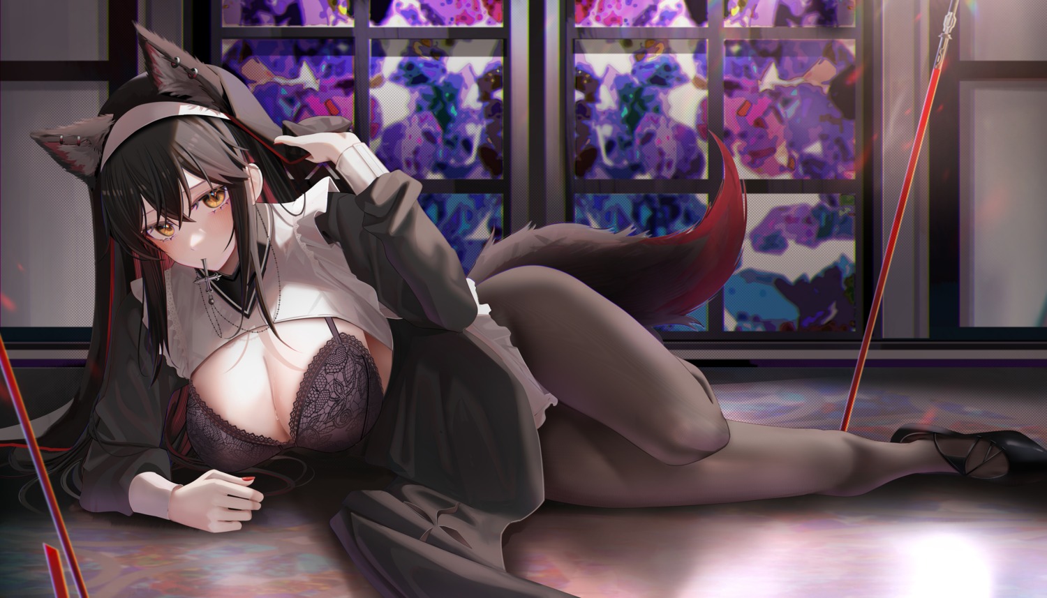 animal_ears arknights bra nun open_shirt pantyhose ru_zhai see_through tail texas_(arknights)