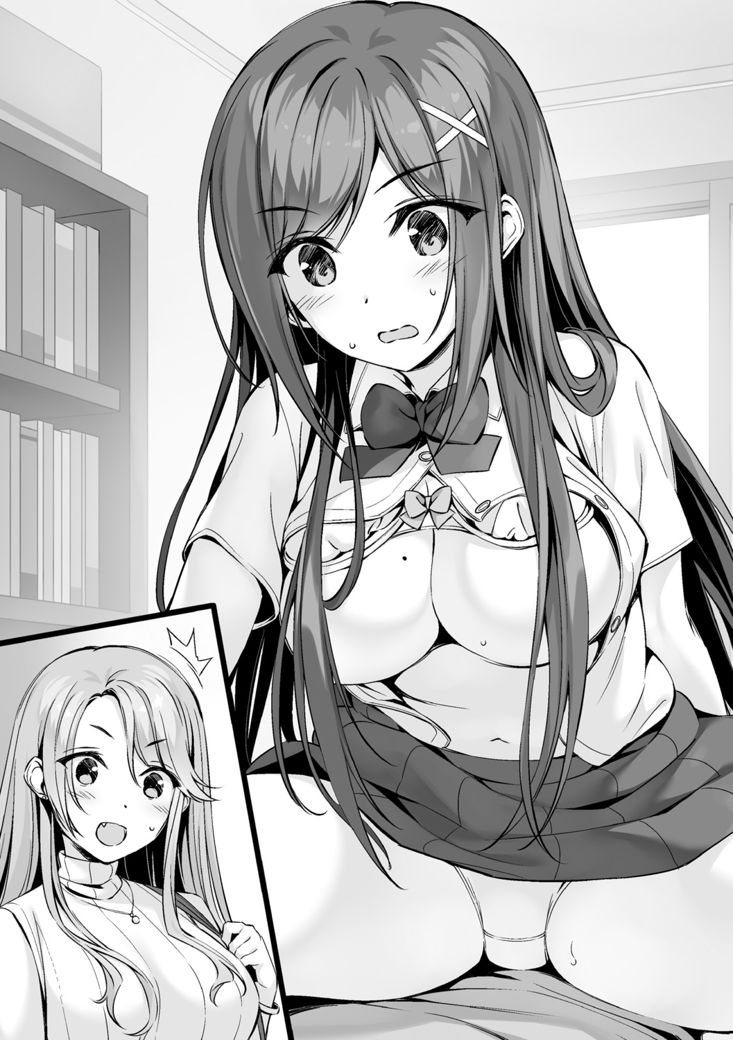 boku_no_kanojo_sensei bra breasts jinsho_karen keimi_shiya monochrome open_shirt oryou pantsu seifuku skirt_lift sweater