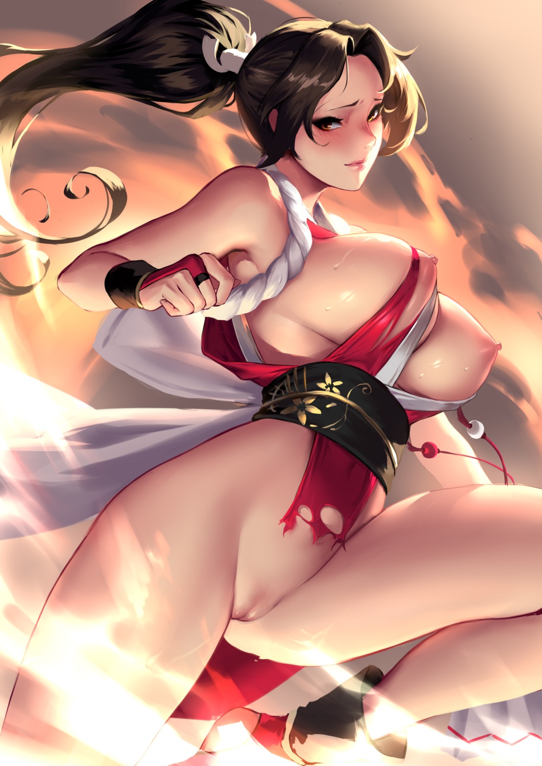 bottomless breasts cianyo japanese_clothes king_of_fighters nipples no_bra pussy shiranui_mai torn_clothes uncensored wardrobe_malfunction