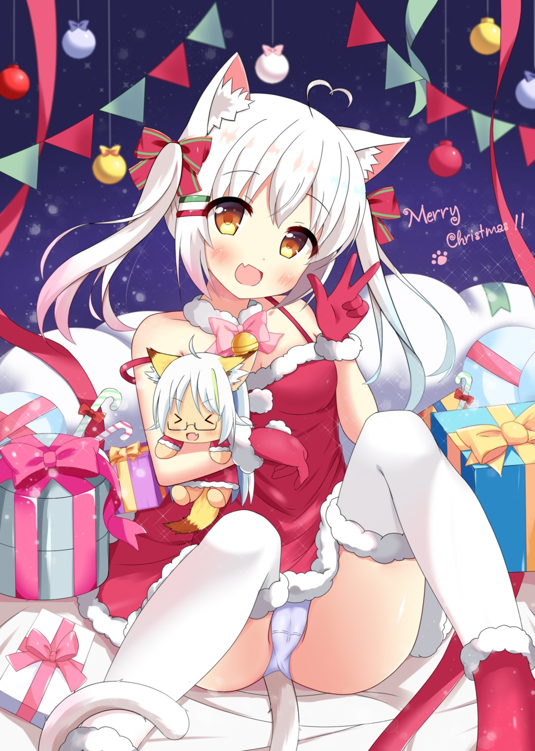 animal_ears cameltoe chibi christmas dress megane nekomimi pantsu tail thighhighs xiaosamiao