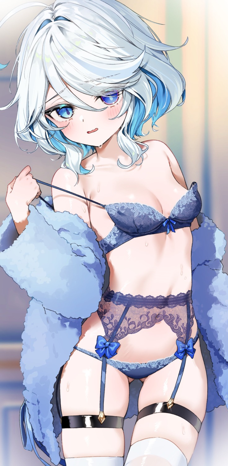 bra furina garter garter_belt genshin_impact heterochromia itohana lingerie loli open_shirt pantsu see_through thighhighs undressing wet