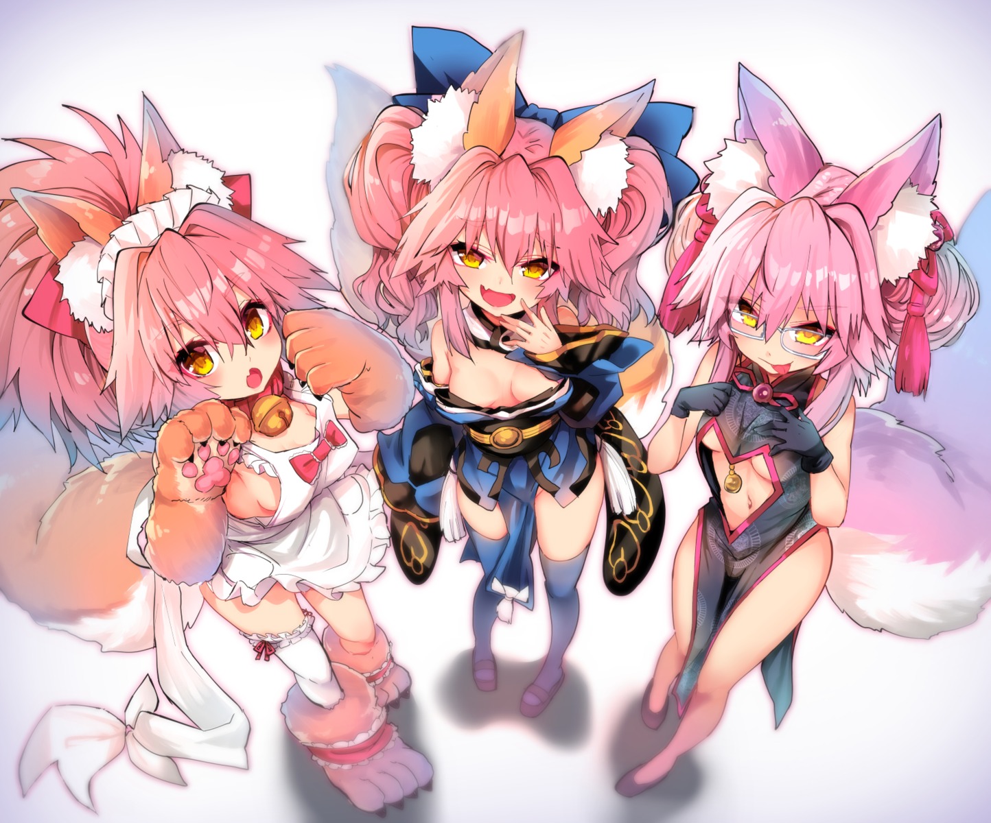 animal_ears chinadress fate/grand_order japanese_clothes kitsune megane naked_apron no_bra open_shirt tail tamamo_cat tamamo_no_mae tamamo_vitch_koyanskaya thighhighs wisespeak