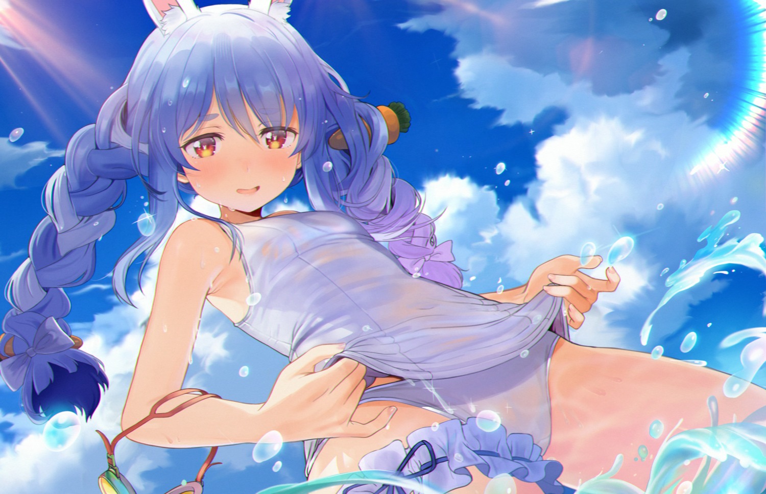 animal_ears bunny_ears garter hololive school_swimsuit see_through seico swimsuits usada_pekora wet wet_clothes