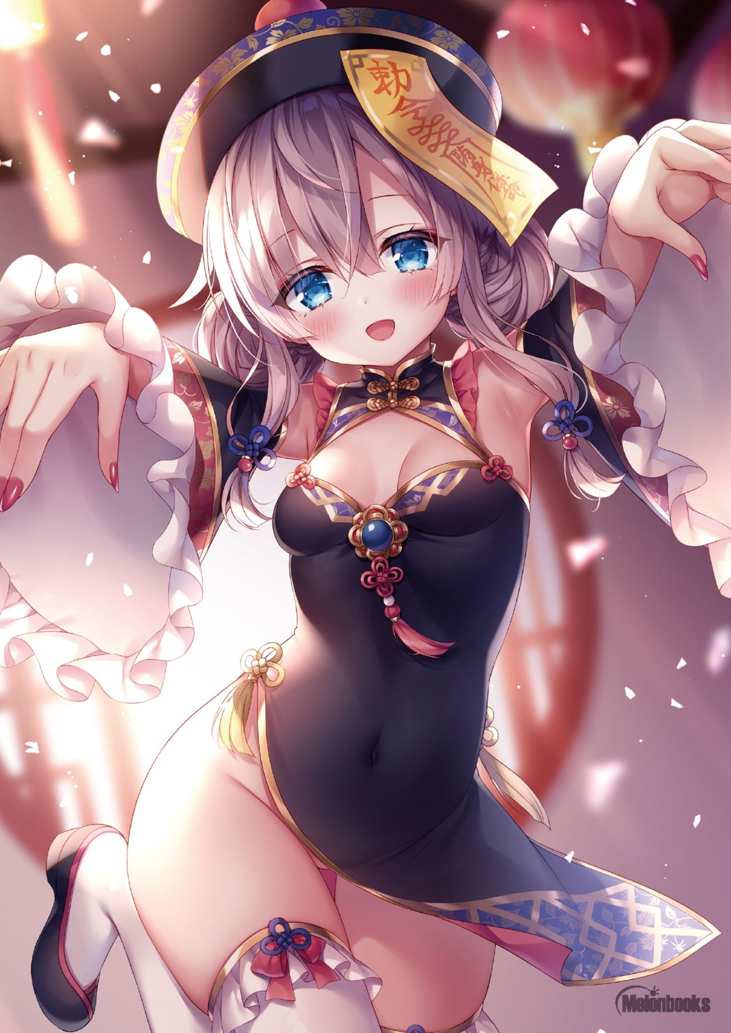 chinadress genshin_impact mitsuba_choco no_bra nopan qiqi skirt_lift thighhighs