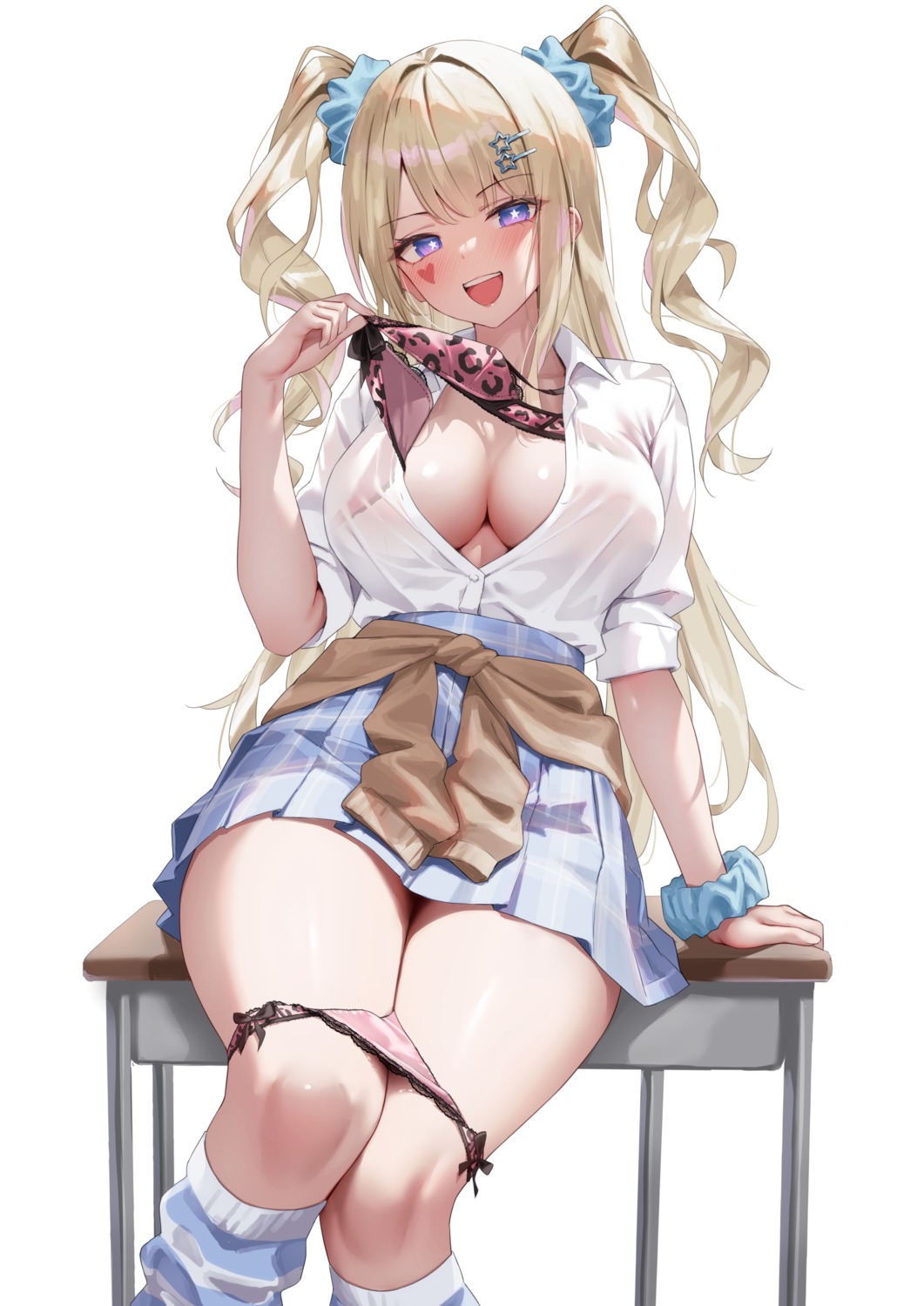 azur_lane bra classic_(zildjian33) guam_(azur_lane) open_shirt pantsu panty_pull see_through seifuku sweater tattoo undressing