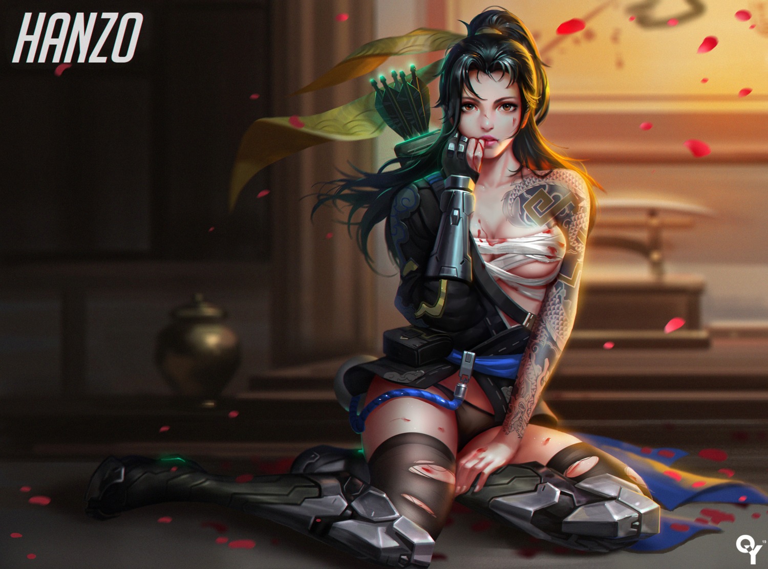 armor blood cleavage genderswap hanzo_(overwatch) liang_xing overwatch pantsu sarashi tattoo thighhighs torn_clothes weapon