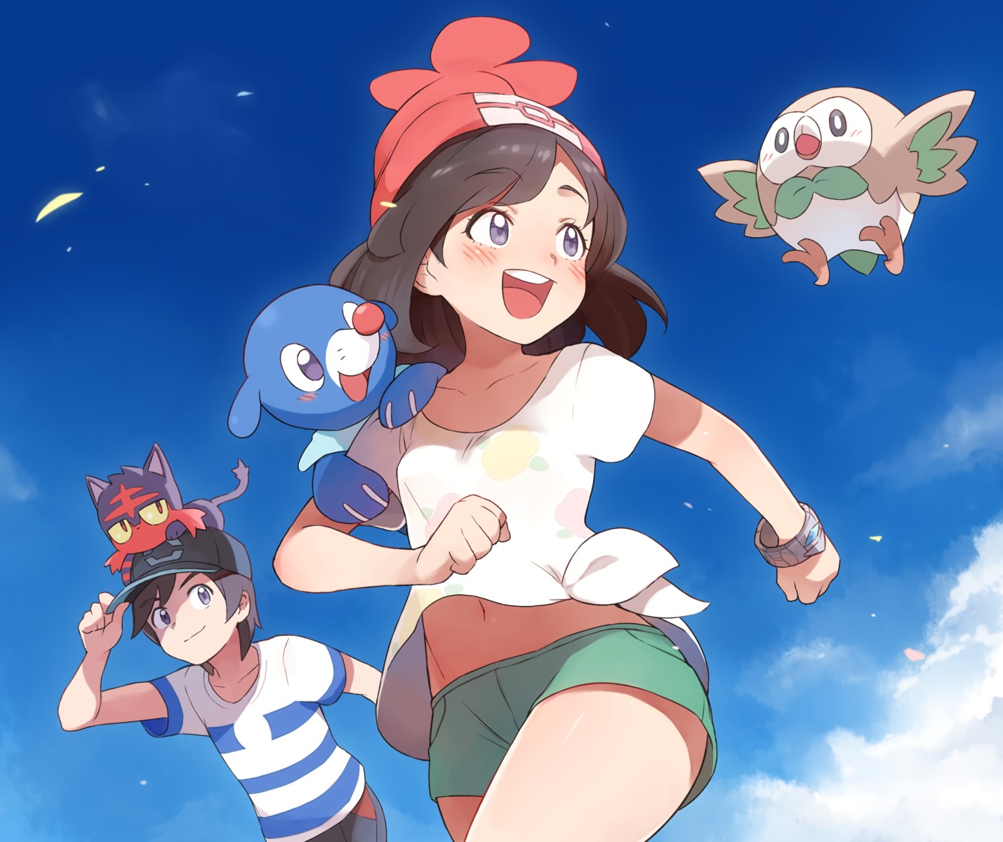 litten mizuki_(pokemon) pokemon pokemon_sm popplio rowlet toku_(ke7416613) you_(pokemon)