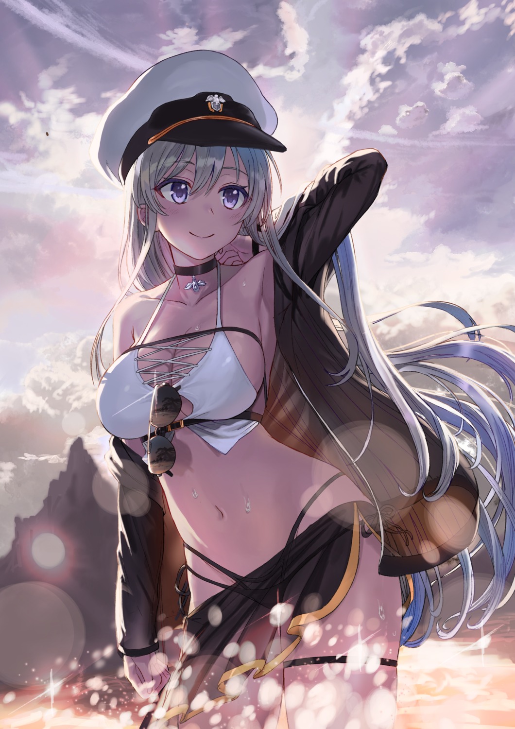 ayul_(ayulneri_92) azur_lane bikini cleavage enterprise_(azur_lane) garter open_shirt see_through swimsuits uniform wet