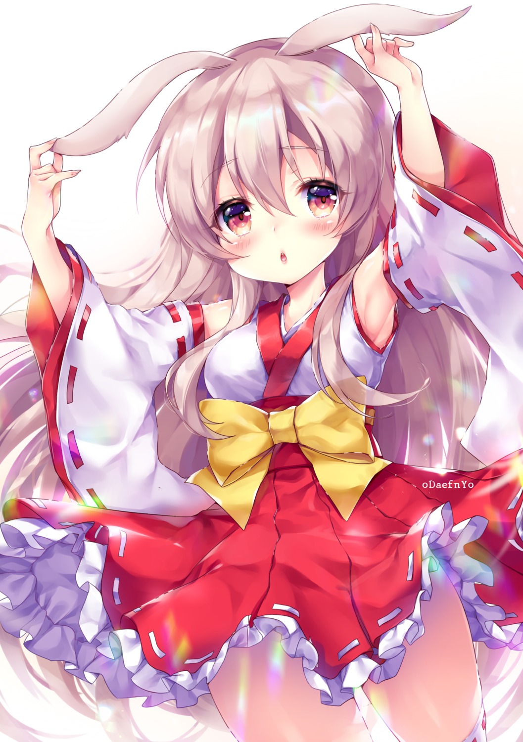 animal_ears bunny_ears miko odaefnyo skirt_lift thighhighs