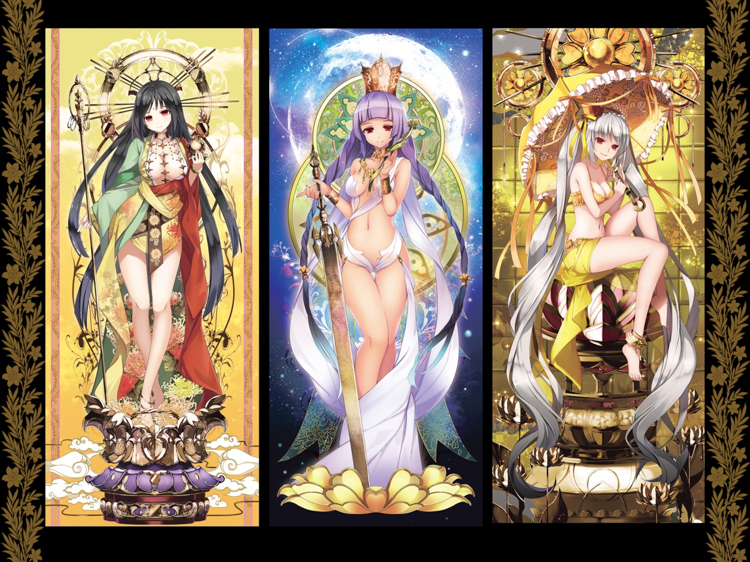 bikini cleavage feet japanese_clothes no_bra open_shirt swimsuits sword umbrella weapon yuuki_kira