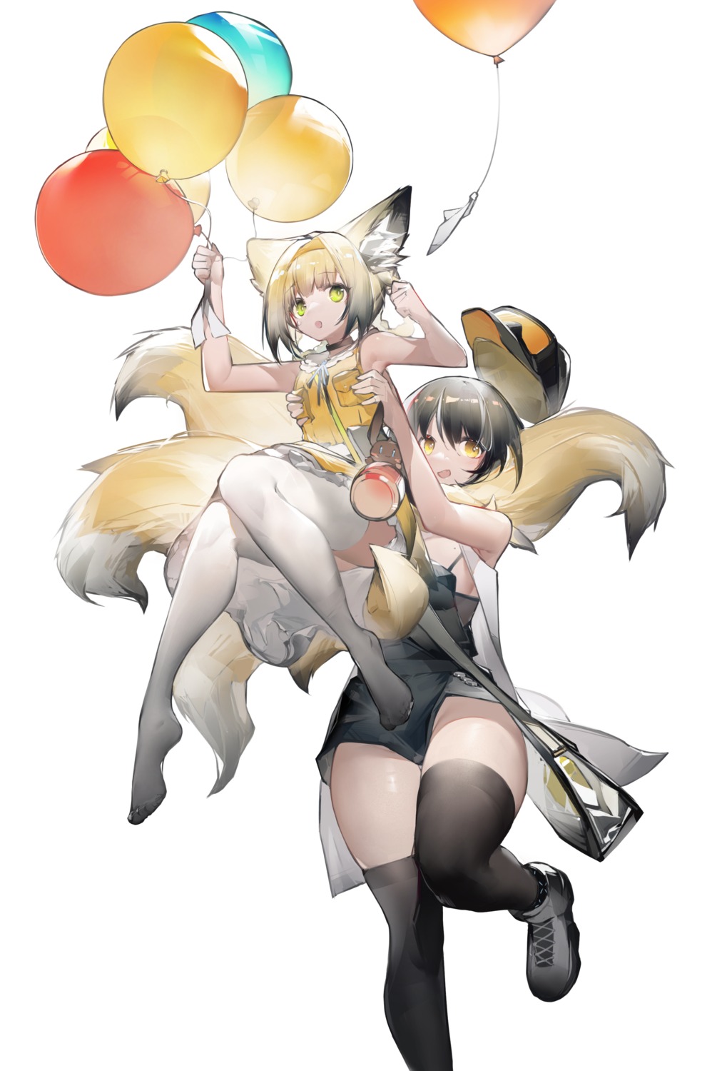 animal_ears arknights kitsune magallan_(arknights) skirt_lift suzuran_(arknights) tail thighhighs yushi_quetzalli