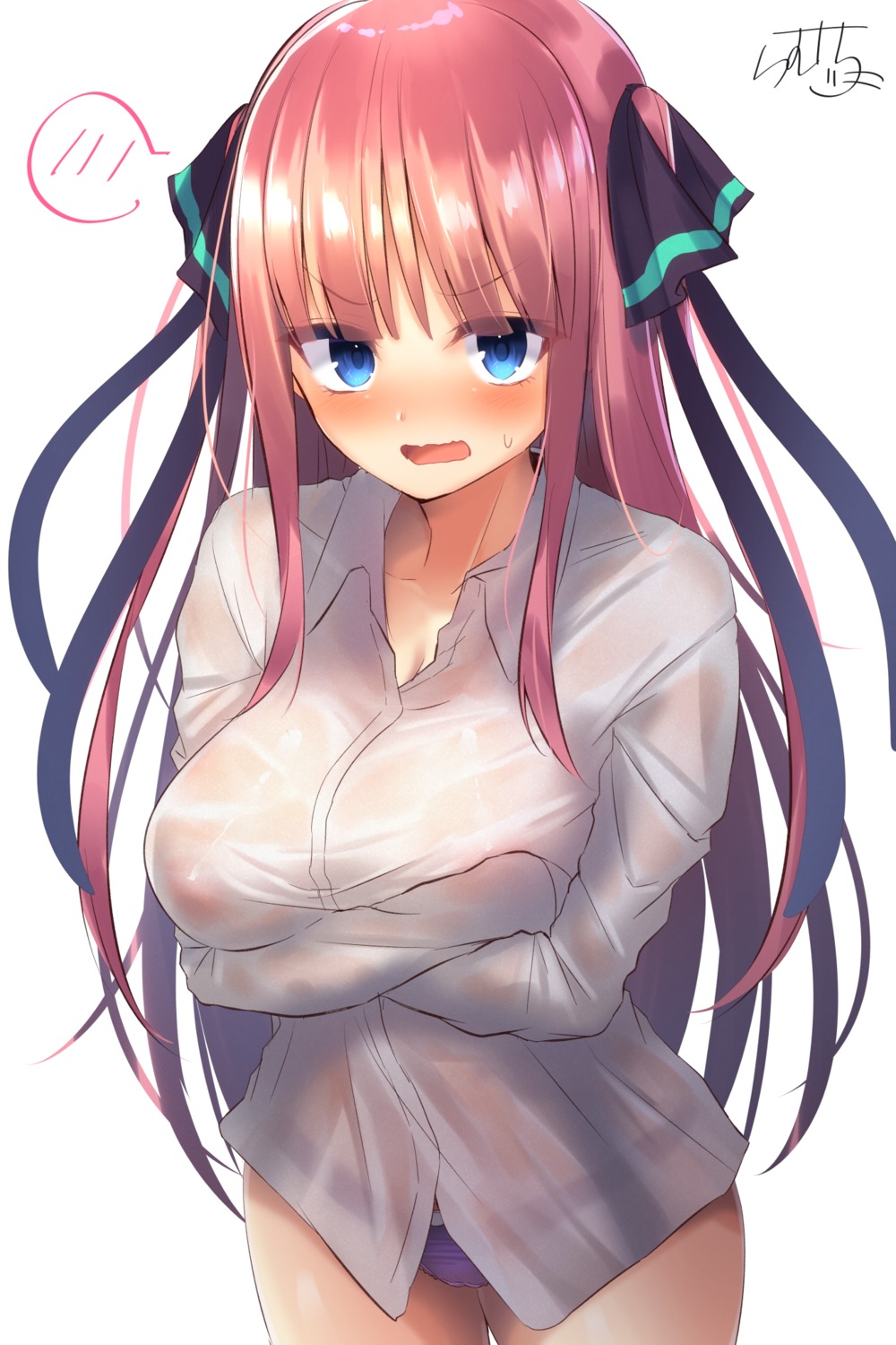 5-toubun_no_hanayome areola breast_hold cameltoe dress_shirt nakano_nino no_bra pantsu ramchi see_through wet_clothes