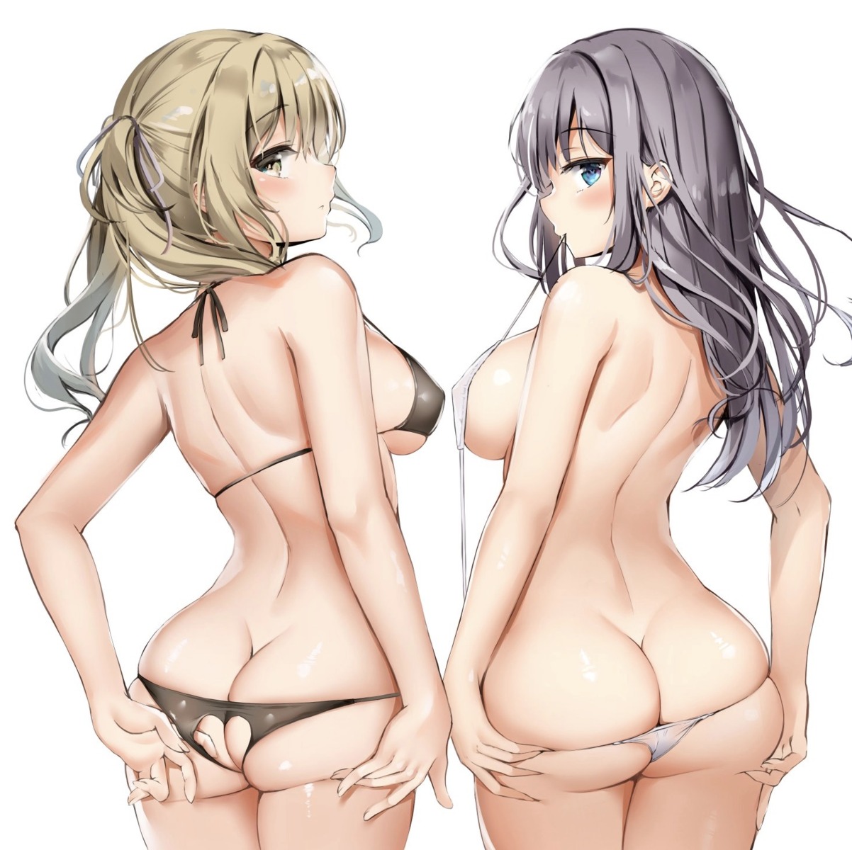 ass ass_grab bikini erect_nipples mahiro_(mahiron1062) panty_pull swimsuits thong topless