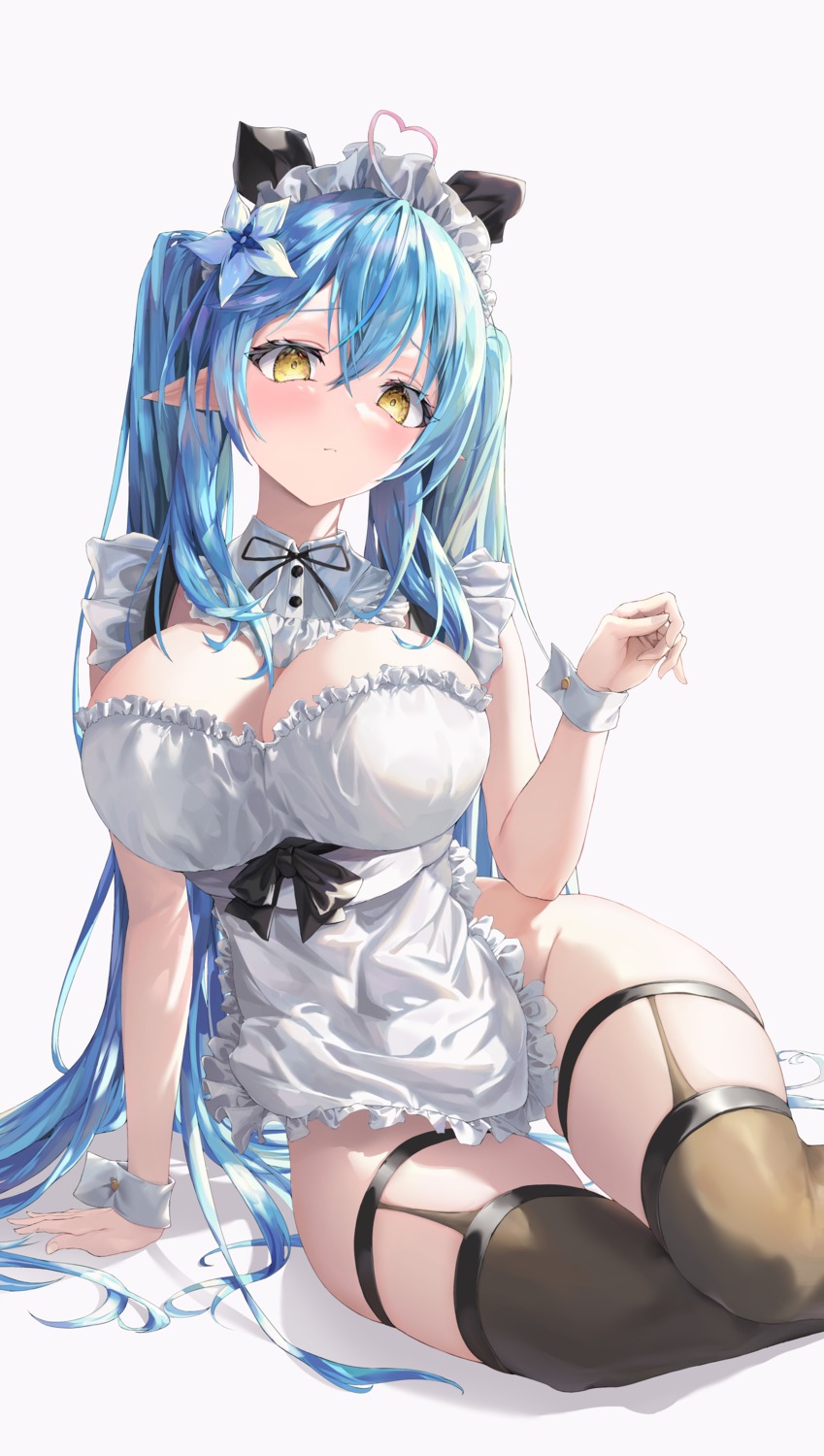 dryra1n elf garter hololive maid nopan pointy_ears stockings thighhighs yukihana_lamy