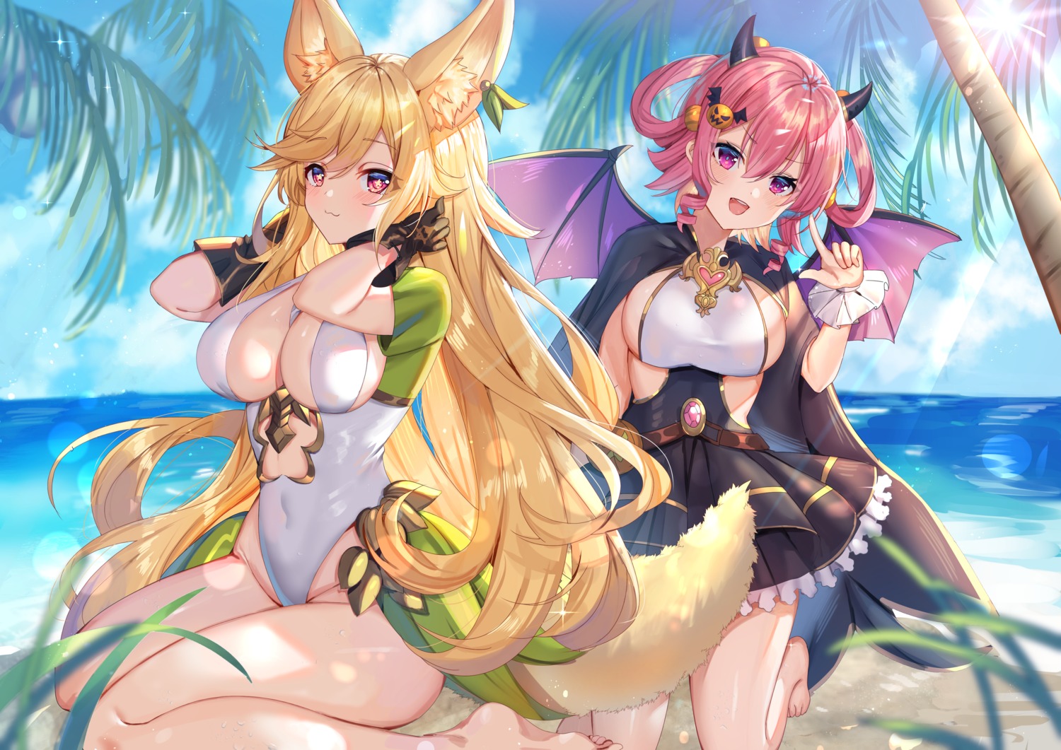 animal_ears cleavage hiseki_heart horns kitsune shanguier swimsuits tail wings