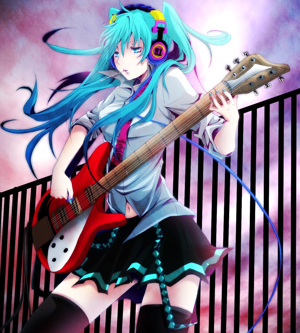 guitar hatsune_miku headphones ryoko thighhighs vocaloid