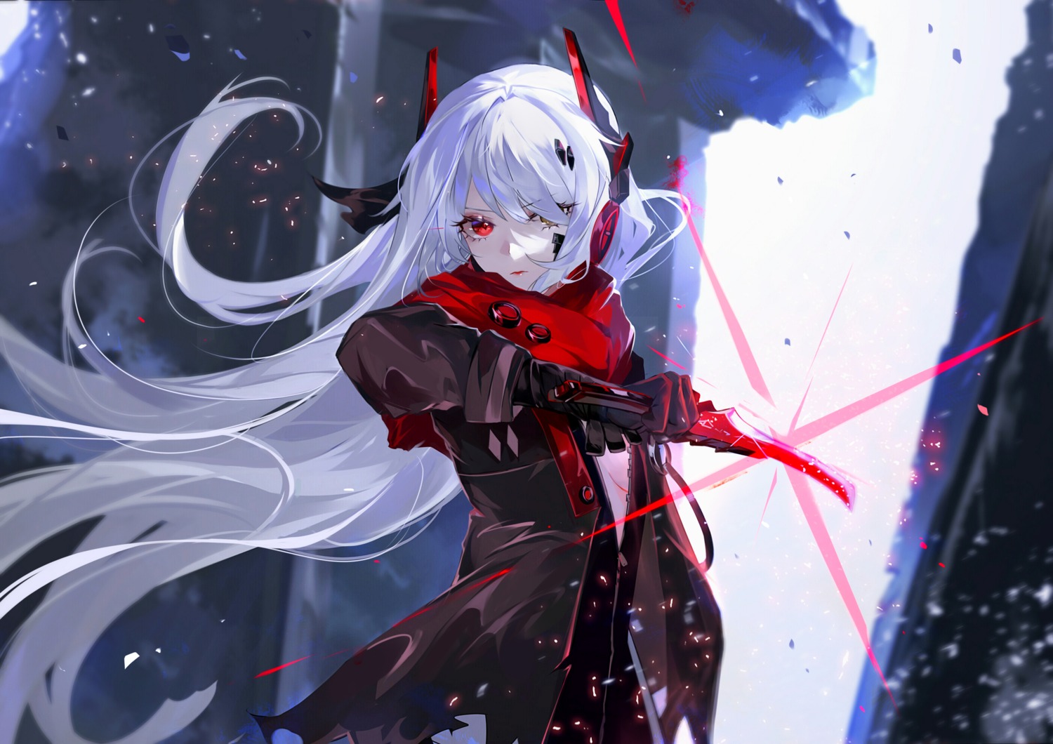 alpha_(punishing:_gray_raven) headphones heterochromia no_bra open_shirt punishing:_gray_raven sword vardan