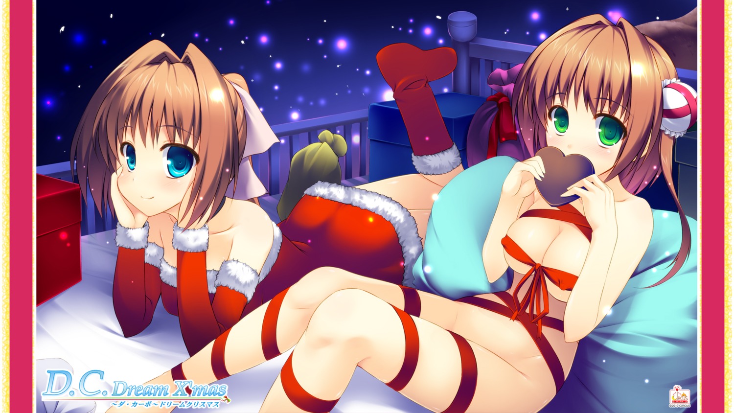 asakura_otome asakura_yume christmas cleavage da_capo da_capo_(series) da_capo_dream_x'mas da_capo_ii erect_nipples naked_ribbon natsuki_shuri wallpaper