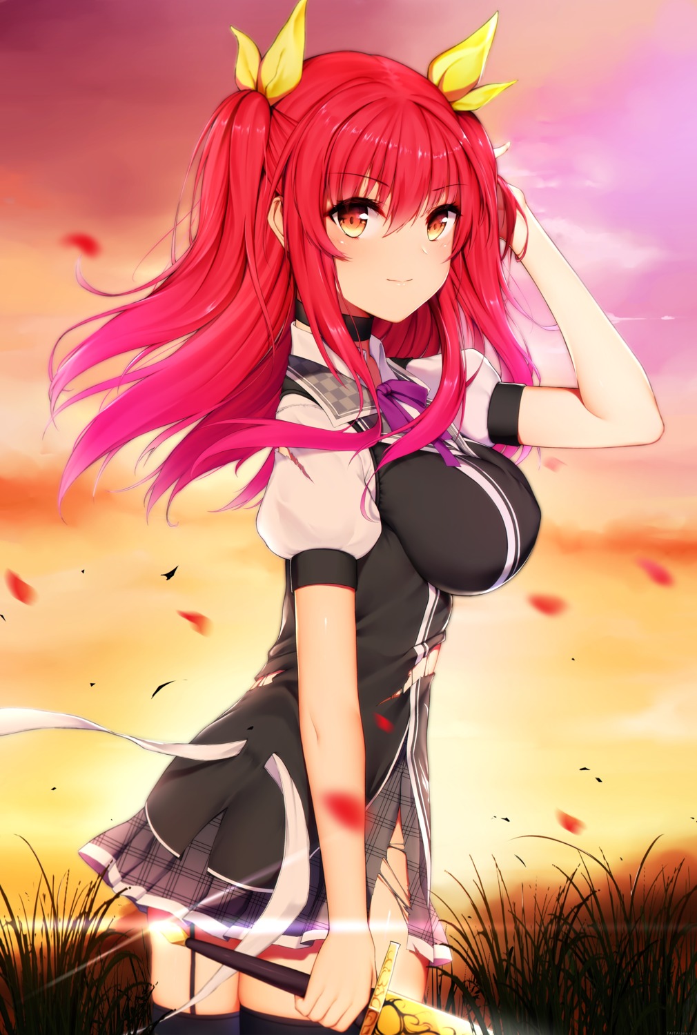 rakudai_kishi_no_cavalry seifuku stella_vermillion stockings sword taitai thighhighs torn_clothes