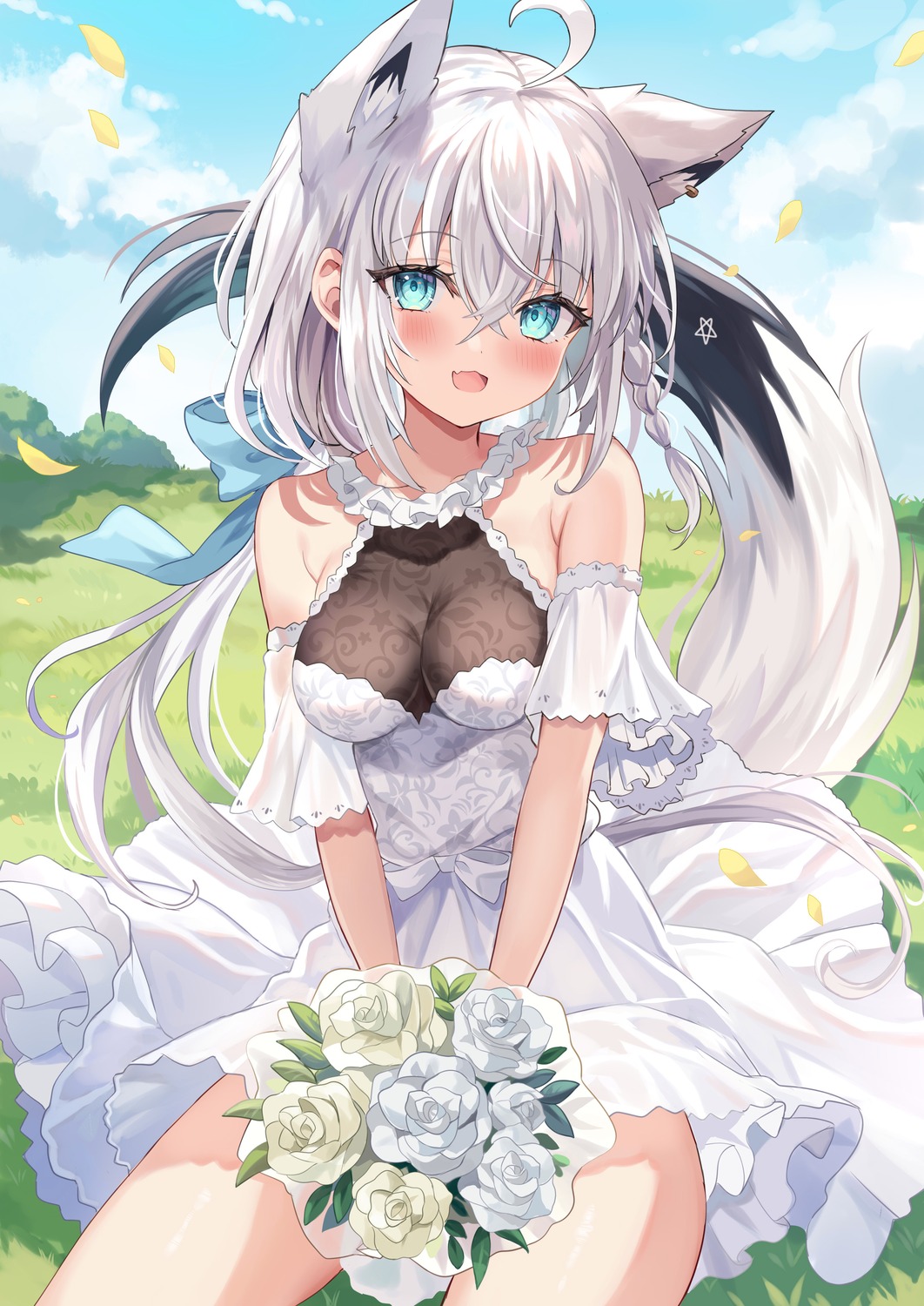 animal_ears dress hololive hololive_gamers kitsune no_bra retsuto see_through shirakami_fubuki tail wedding_dress