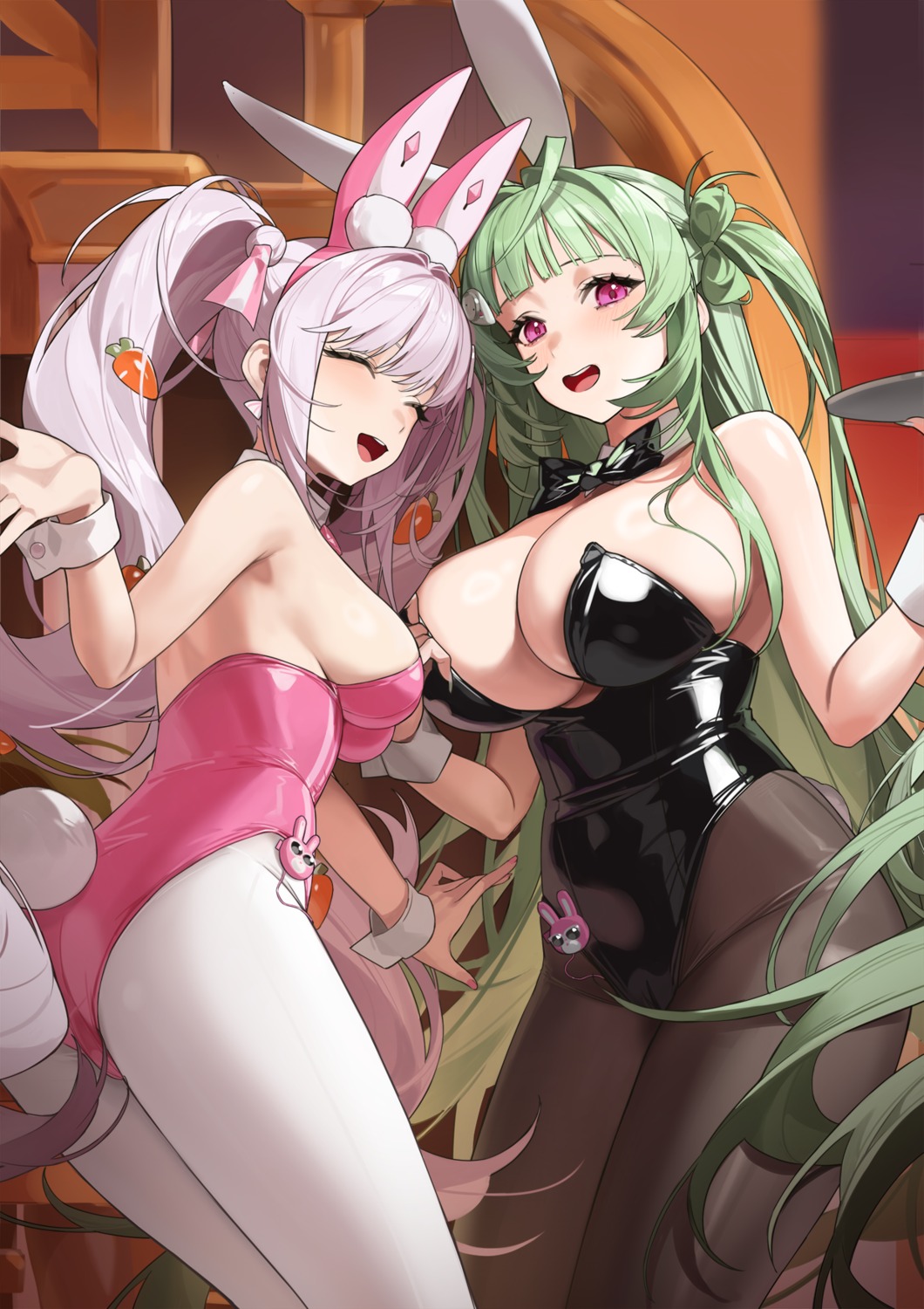 alice_(nikke) animal_ears bunny_ears bunny_girl goddess_of_victory:_nikke no_bra pantyhose red_cucumber soda_(nikke) tail waitress