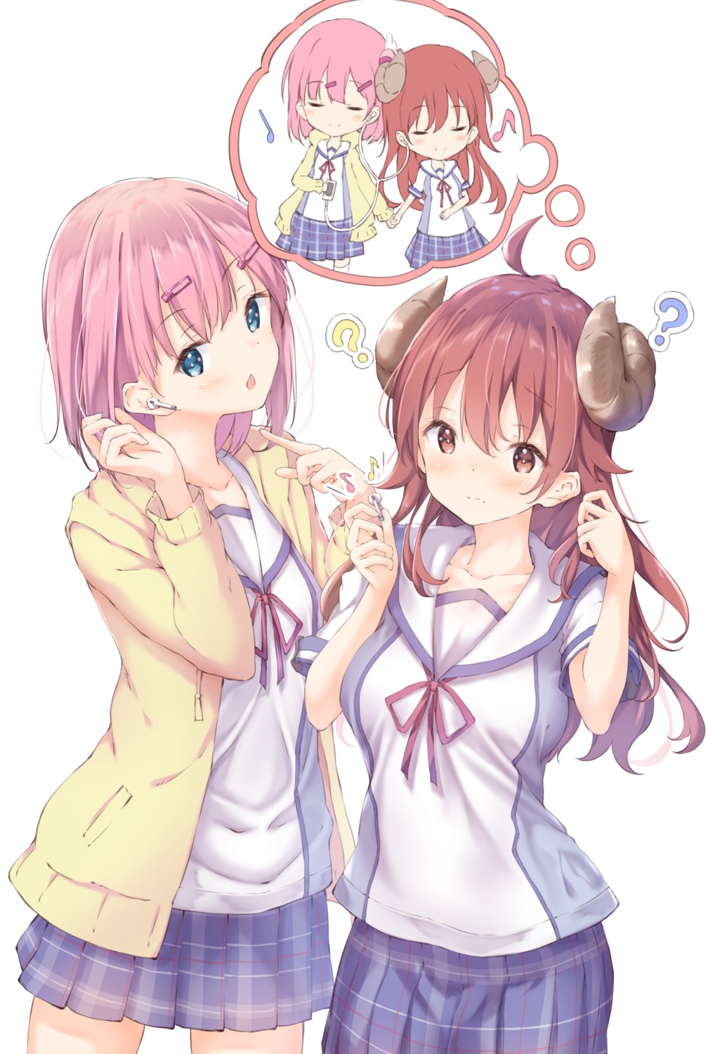 chiyoda_momo horns machikado_mazoku seifuku ukiwakisen yoshida_yuuko_(machikado_mazoku) yuri