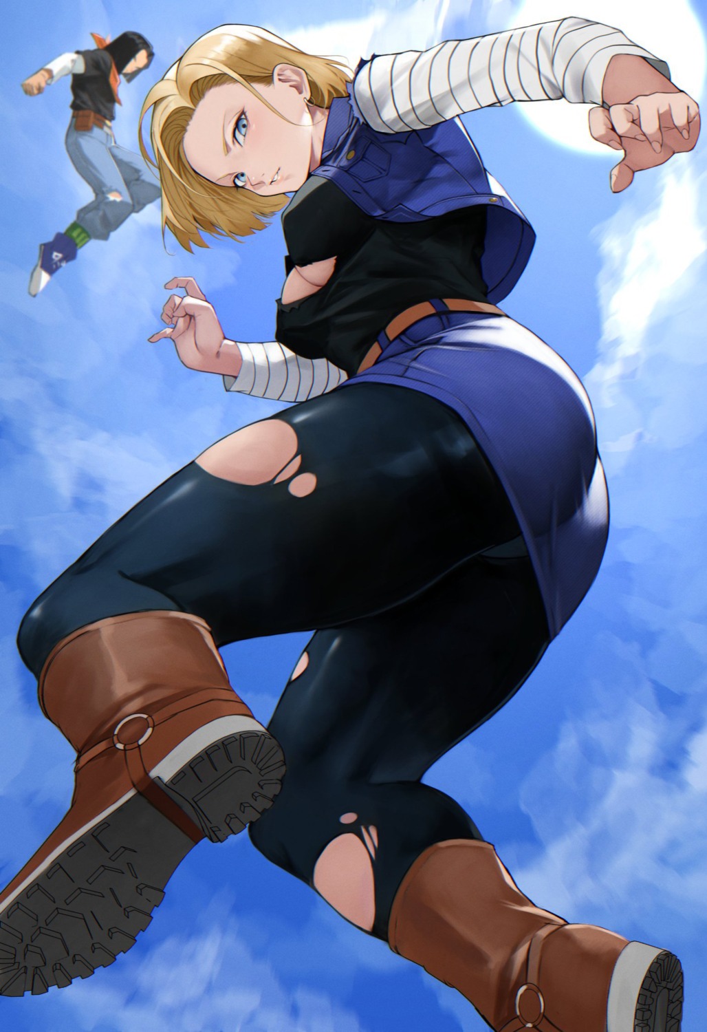 android_17 android_18 ass cleavage dragon_ball dragon_ball_z erect_nipples no_bra torn_clothes yoshio_(55level)