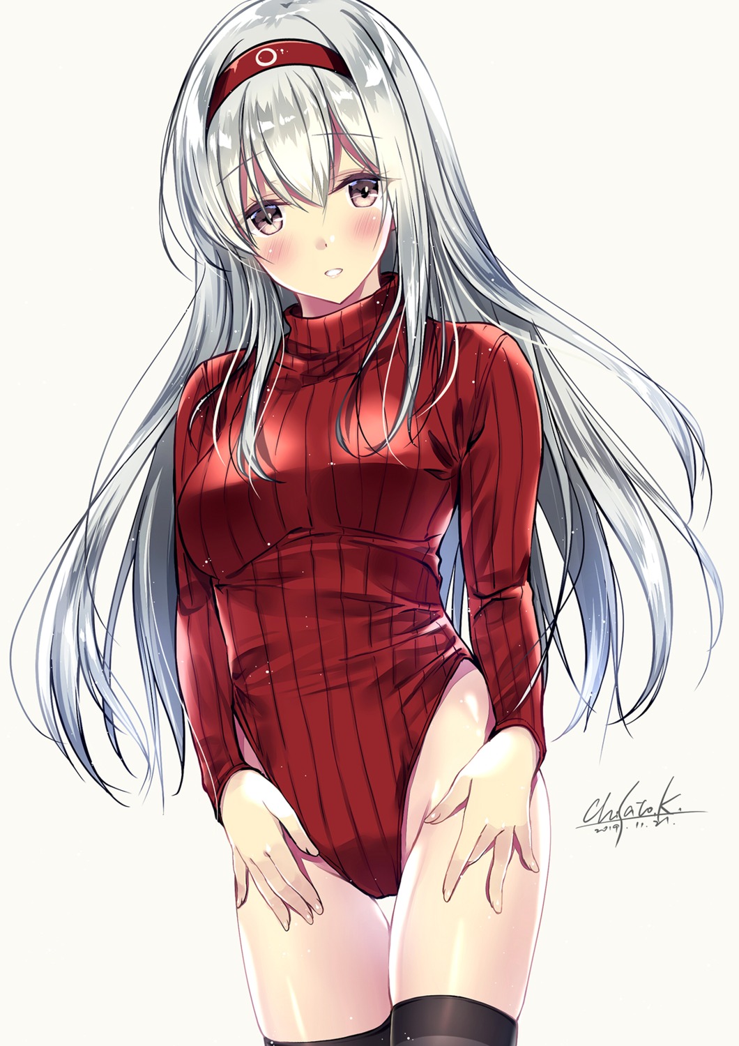 kantai_collection kobayashi_chisato leotard shoukaku_(kancolle) sweater thighhighs