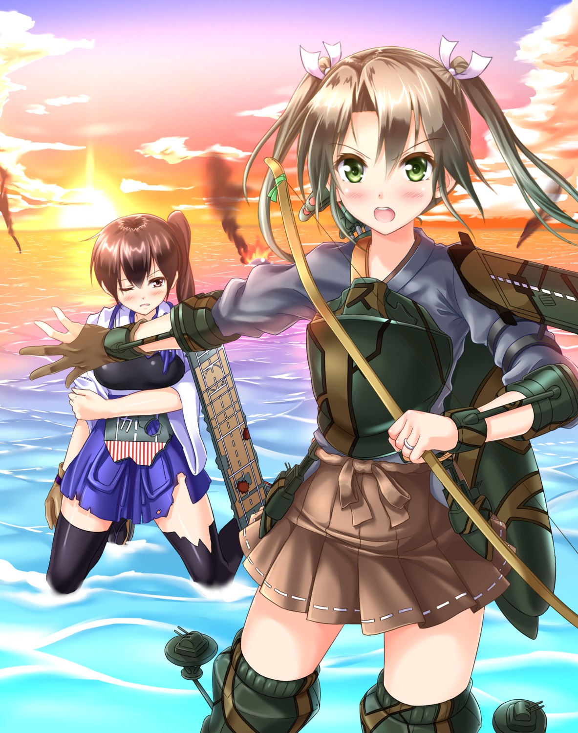 kaga_(kancolle) kantai_collection kyamu thighhighs torn_clothes weapon zuikaku_(kancolle)