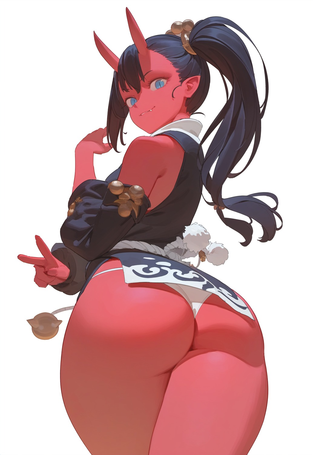 ass horns japanese_clothes lividy pantsu pointy_ears skirt_lift thong