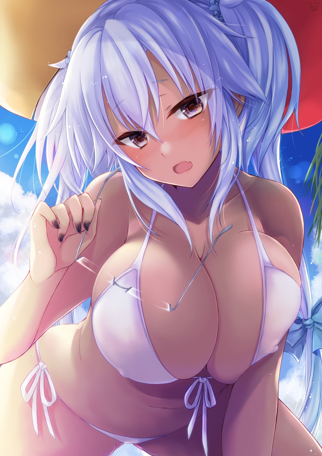 bikini cleavage erect_nipples kantai_collection mashiro_yukiya megane musashi_(kancolle) swimsuits