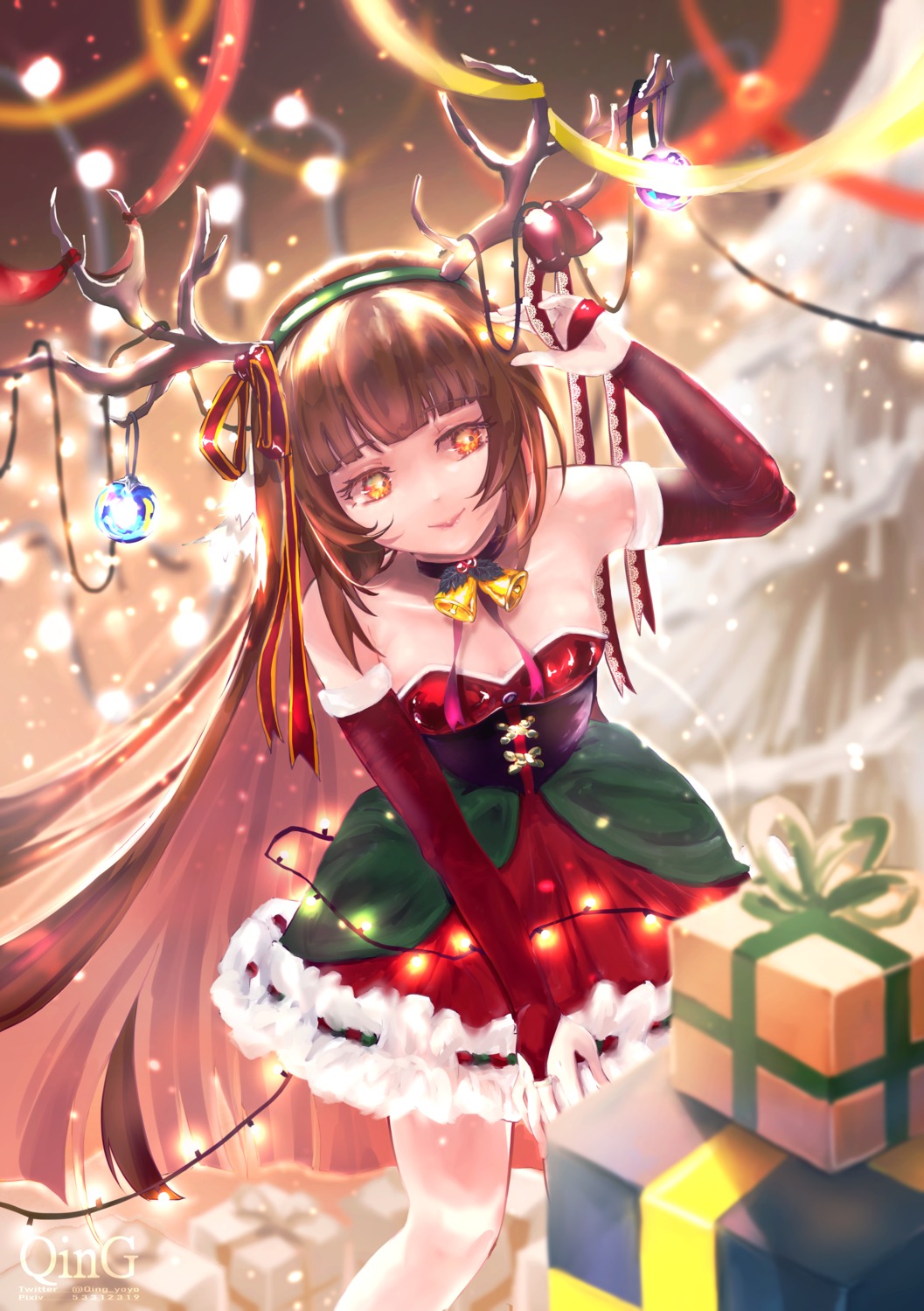 christmas dress exorcist_miya guardian_tales horns no_bra qing_yoyo