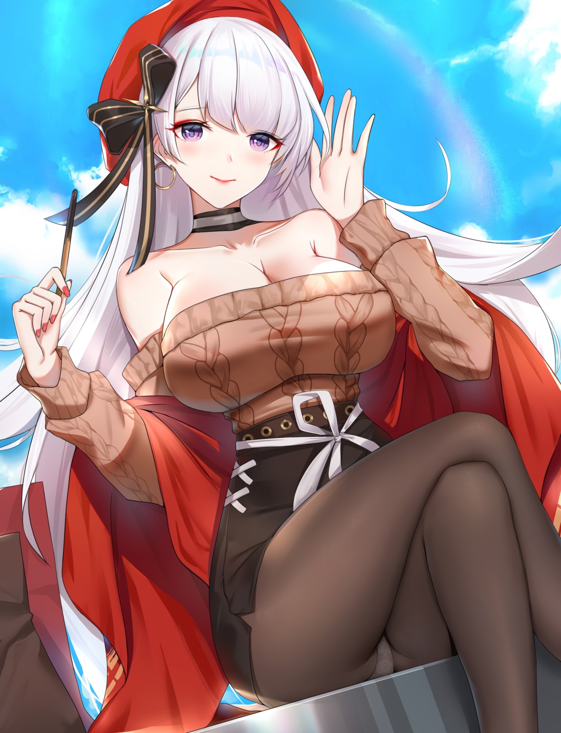 azur_lane belfast_(azur_lane) cleavage pantsu pantyhose sweater wu_ganlan_cai