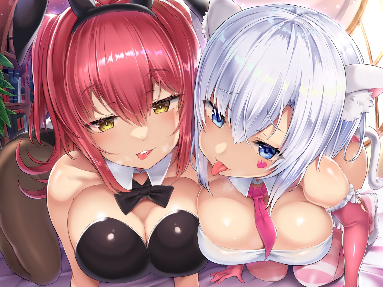 animal_ears bunny_ears bunny_girl cleavage doskoinpo nekomimi no_bra pantyhose symmetrical_docking tail thighhighs