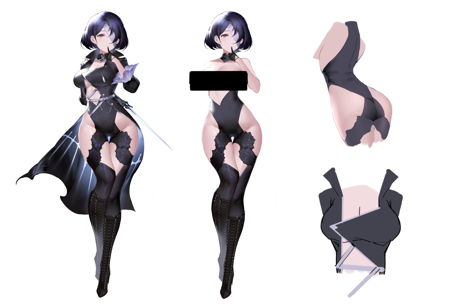 an_yasuri artist_revision ass censored character_design heels leotard no_bra nopan sketch sword thighhighs