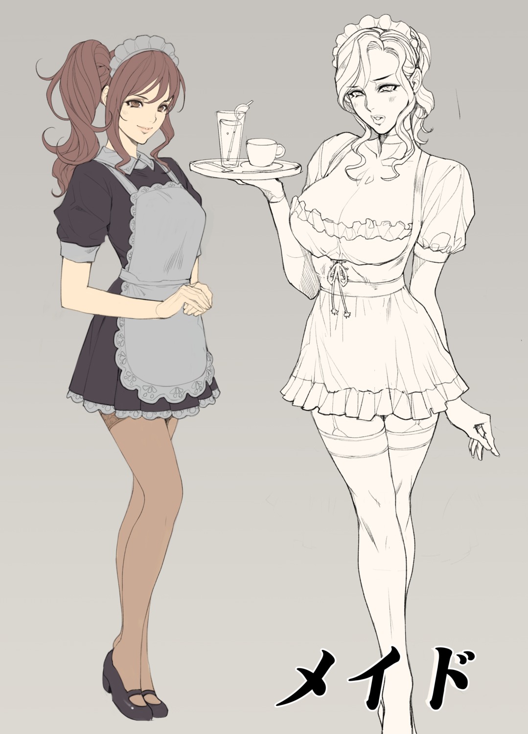 cleavage heels line_art maid oda_non stockings thighhighs