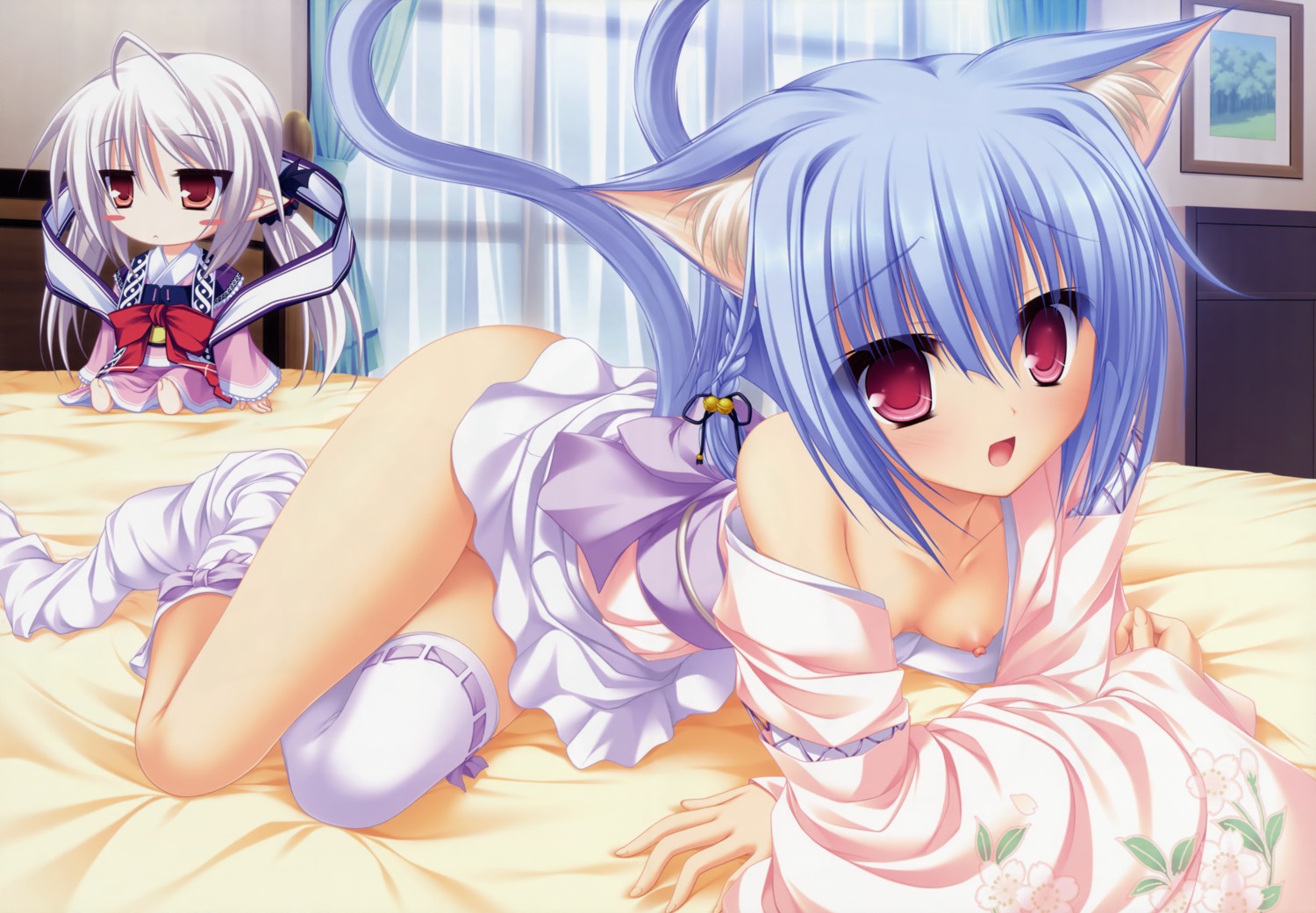 animal_ears chibi kiryuu_hina mikagami_mamizu neko_koi nekomimi nipples nopan open_shirt pointy_ears suzu_(suzukaze_no_melt) suzukaze_no_melt tail thighhighs whirlpool