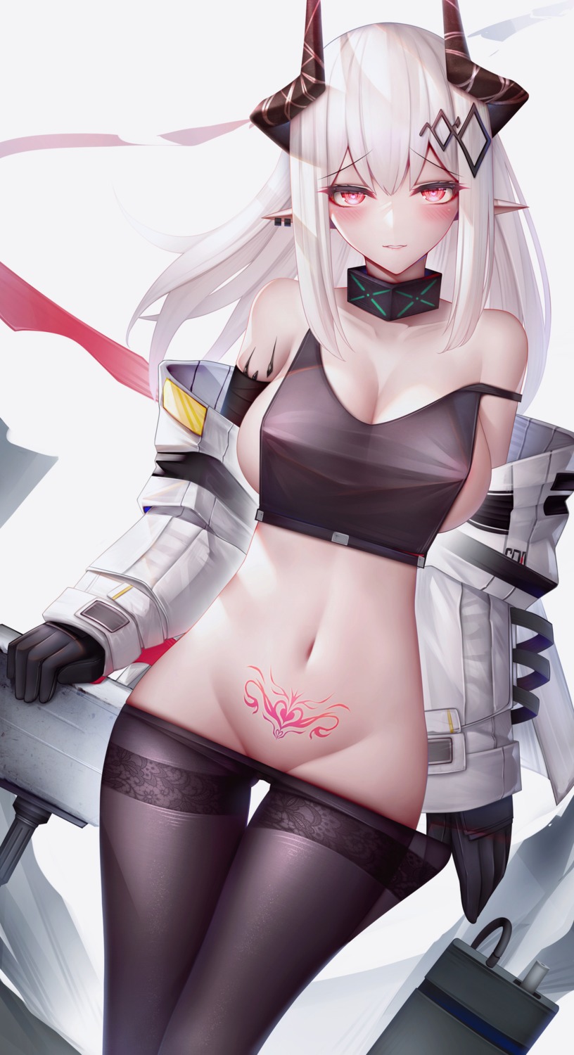 arknights artist_revision horns mudrock_(arknights) nipples no_bra nopan pantyhose pointy_ears see_through tattoo undressing zhixue