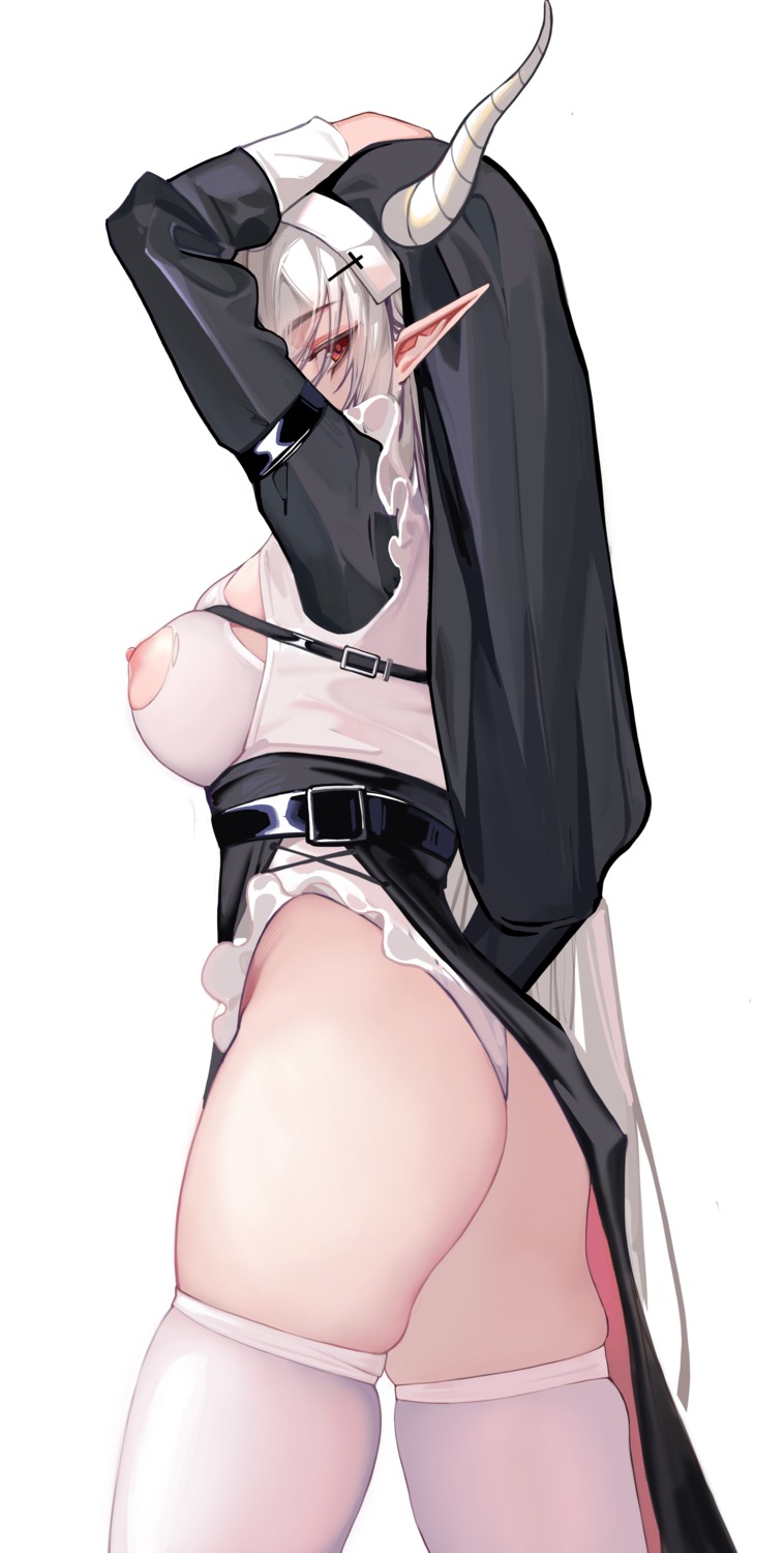 arknights ass horns leotard nipples no_bra nun pointy_ears shining_(arknights) thighhighs torn_clothes yaoshan_shi