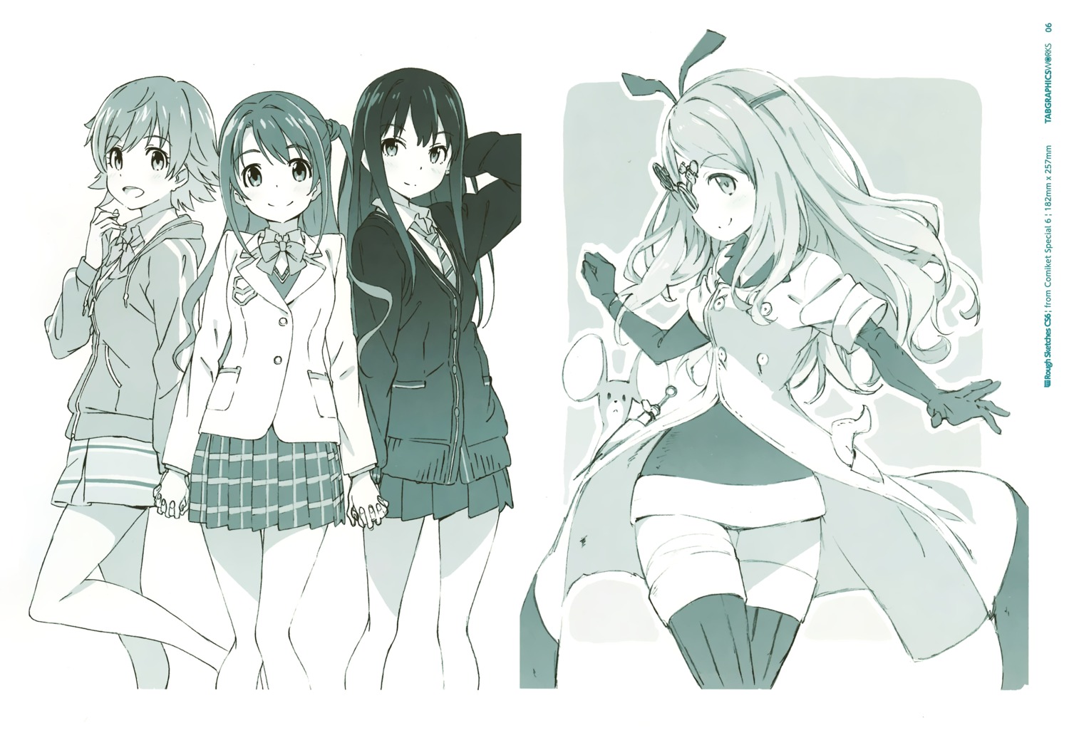 dress honda_mio kanzaki_hiro little_noah megane monochrome noah_(little_noah) seifuku shibuya_rin shimamura_uzuki sweater tabgraphics the_idolm@ster the_idolm@ster_cinderella_girls thighhighs