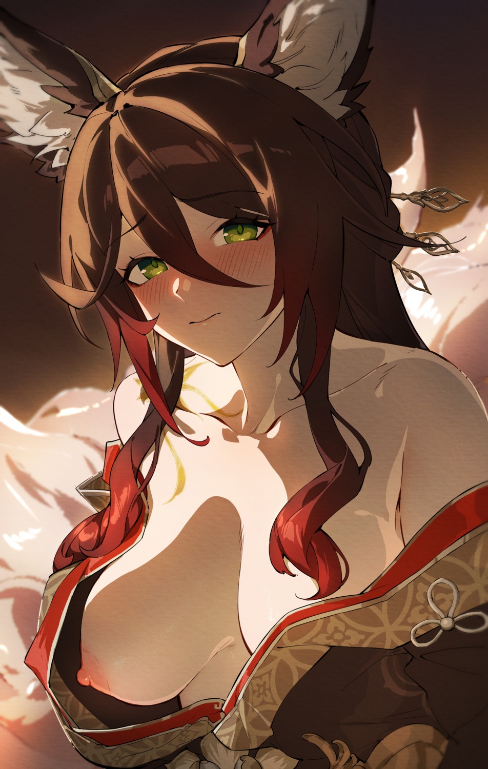 animal_ears breasts honkai:_star_rail japanese_clothes kitsune nashidrop nipples no_bra open_shirt tail tattoo tingyun