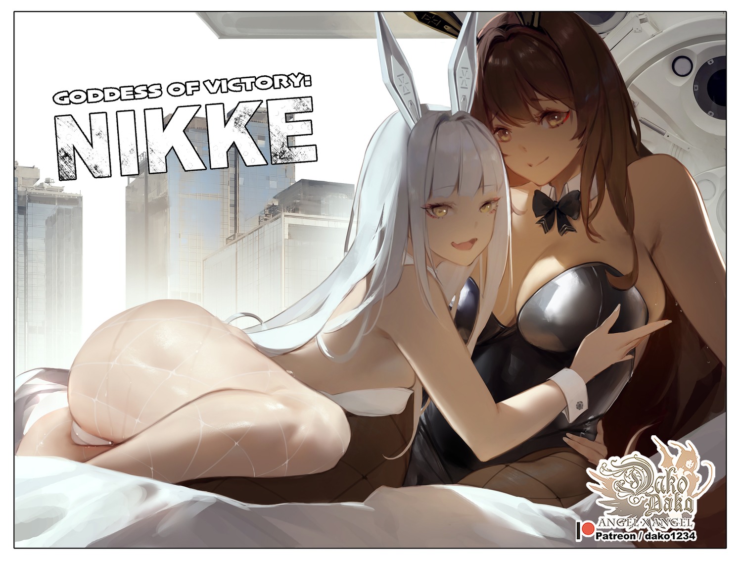 animal_ears blanc_(nikke) bunny_ears bunny_girl cameltoe fishnets goddess_of_victory:_nikke hu_dako no_bra noir_(nikke) pantyhose yuri