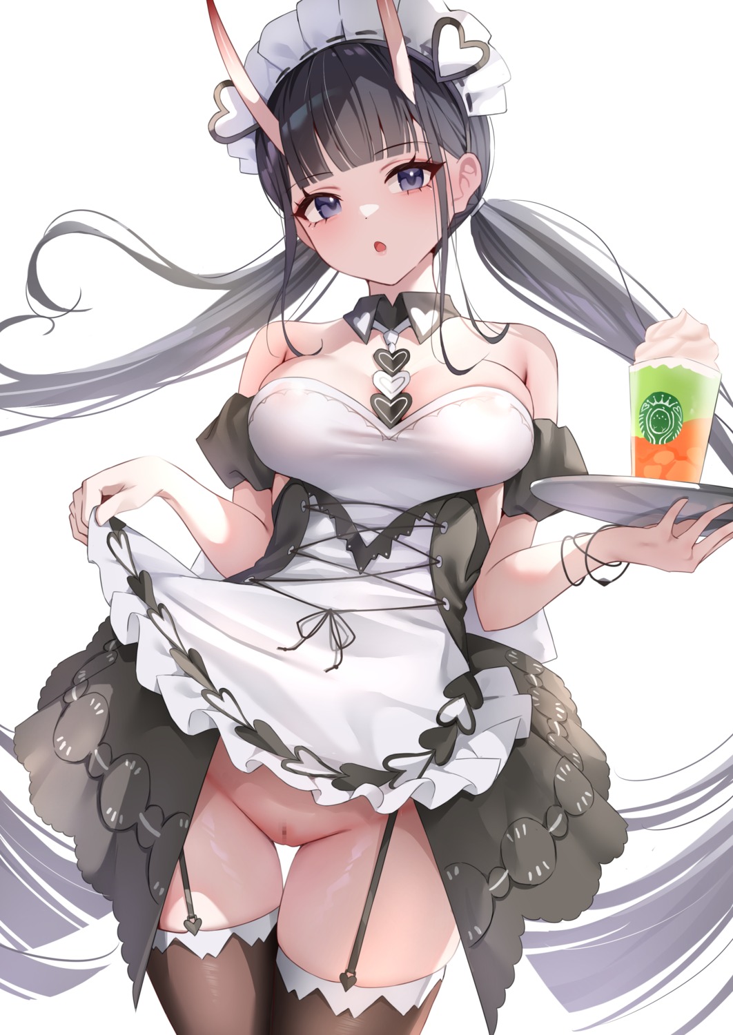 azur_lane censored classic_(zildjian33) horns maid no_bra nopan noshiro_(azur_lane) pussy skirt_lift stockings thighhighs waitress