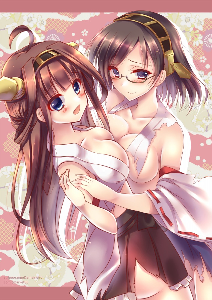 amane_ruri cleavage kantai_collection kirishima_(kancolle) kongou_(kancolle) megane symmetrical_docking torn_clothes