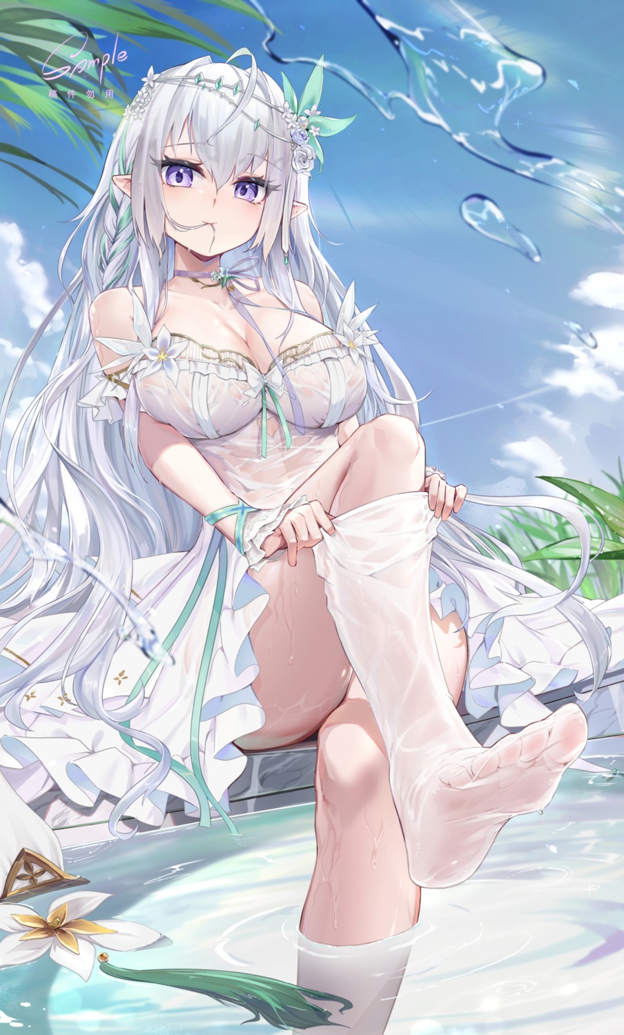 feet pointy_ears qiaogun_damodao see_through swimsuits thighhighs undressing wet wet_clothes